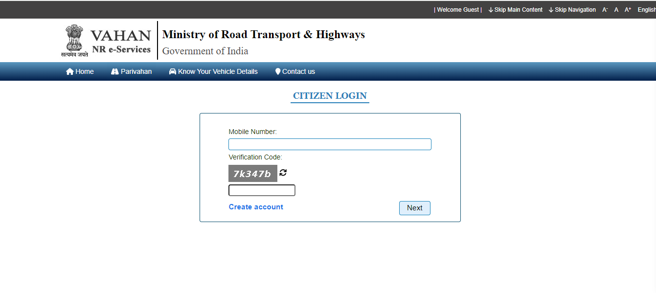 Vahan Website Citizen Login